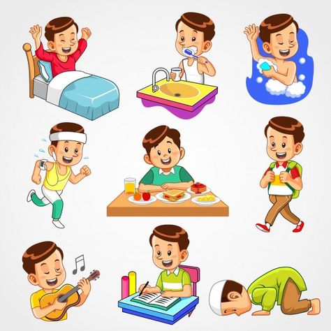 Boy's daily activities Premium Vector | Premium Vector #Freepik #vector #sport #guitar #boy #breakfast Good Habits For Kids, Daily Routine Kids, Sleep Cartoon, Daily Routine Activities, Sleeping Man, Guitar Boy, Learning English For Kids, Activities For Boys, Kids Schedule