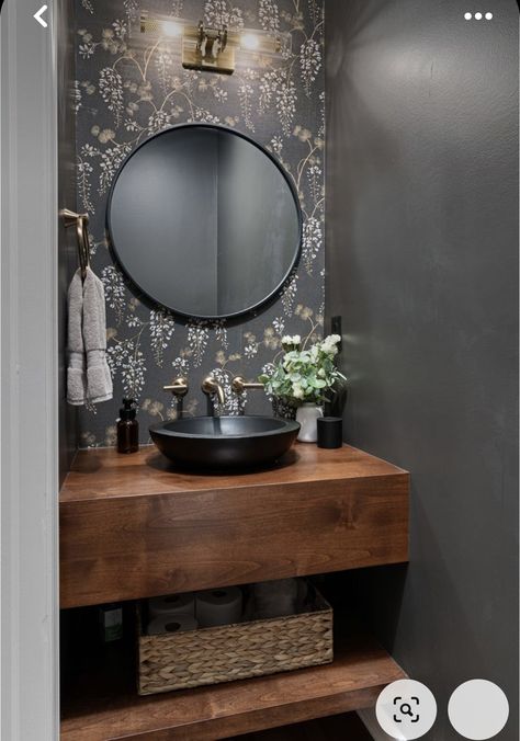 Powder Room Black Countertop, Dark Gray Wallpaper Bathroom, Powder Room With Black Floor, Vessel Sink Powder Room Ideas, Powder Room Bowl Sink, Small Dark Bathroom With Wallpaper, Moody Half Bath With Wallpaper, Fun Small Powder Room Ideas, Dark Walls Half Bath