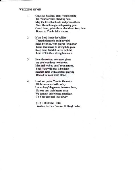 My hymn of blessing for a wedding. Several tunes are available such as "Hyfrydol" Wedding Hymns, A Wedding, Writing