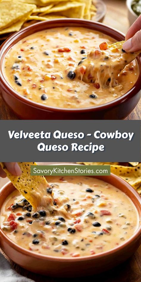 Need a delicious and easy appetizer idea? Try this Velveeta Queso - Cowboy Queso Recipe that combines rich flavors and simple ingredients for a hit at any party! Save this recipe for a go-to snack that will make you the star of your next event! Cowboy Queso, Velveeta Dip, Dip With Ground Beef, Cheesy Queso Dip, Queso Dip Velveeta, Queso Dip Crockpot, Velveeta Queso, Velveeta Recipes, Beans And Tomatoes