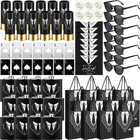 Groomsmen Proposal Gift: what you will receive are 72 pieces of groomsmen gifts for wedding, including 12 stainless steel tuxedo hip flasks, 12 plastic groomsmen gauge glasses, 12 poker card beer bottle openers in black and silver colors, 12 sunglasses, 12 groomsmen bags, 12 groomsmen cards equipped with envelopes, which are ideal gifts for groomsmen on wedding Charming Design Groomsmen Party Favors, Groomsmen Bottle Opener, Groomsmen Bags, Groomsmen Cards, Bridesman Gifts, Groomsmen Gift Bags, Bachelor Party Favors, Groomsmen Proposal Gifts, Cards For Wedding