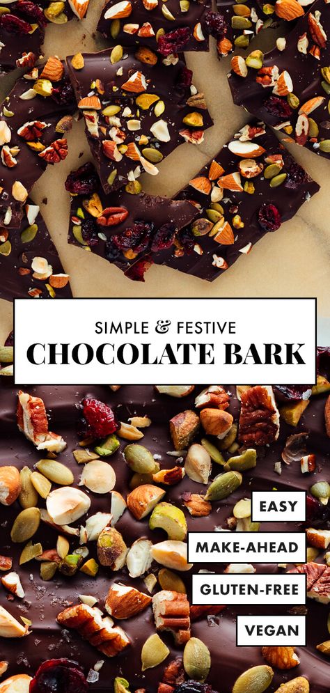 Chocolate bark is SO EASY to make! Here's my favorite version, made with dark chocolate, chopped nuts, cranberries and flaky sea salt. You'll find more delicious variations in the post. This gourmet but healthy treat is ready in about 25 minutes! #chocolatebark #holidayrecipe #chocolaterecipe #healthyrecipe #cookieandkate Chocolate Nut Bark Recipes, Chocolate Nuts Bar, Chocolate Nut Bark, Dark Chocolate Bark Healthy, Chocolate Bark Healthy, Healthy Chocolate Bark Recipes, Nut Bark Recipes, Healthy Bark Recipes, Chocolate Nuts Recipe