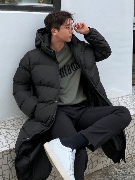 Men Letter Graphic Zip Up Hooded Padded Coat Black Casual  Long Sleeve Woven Fabric Letter Puffer Non-Stretch  Men Clothing, size features are:Bust: ,Length: ,Sleeve Length: