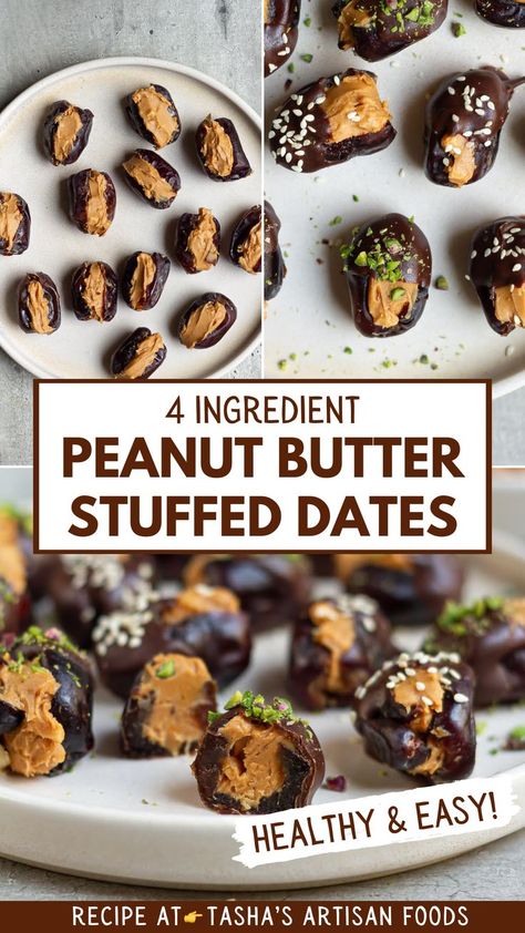 peanut butter stuffed dates being made and served Date Stuffed With Peanut Butter, Stuffed Dates Peanut Butter, Recipes For Dates Healthy, Dates Stuffed With Peanut Butter, Coconut Stuffed Dates, Dates Snacks Healthy, Chocolate Covered Dates Peanut Butter, Chocolate Peanut Butter Dates, Healthy Dates Recipes