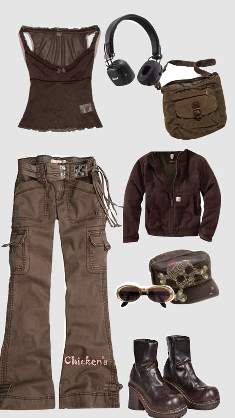 Suburban Outfit, Grunge Brown Outfit, Brown Aesthetic Clothing, Y2k Outfits Brown, Brown Acubi Outfit, Y2kgrunge Outfits, Brown Outfits Aesthetic, Brown Zip Up Hoodie Outfit Y2k, Brown Acubi Fashion