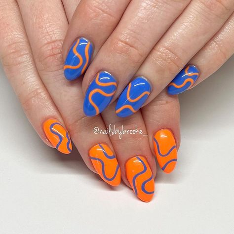 Cute Orange And Blue Nails, Orange And Blue Nails Fall, Tennessee Orange Nails, Blue And Orange Nail Ideas, Organge Nails, Orange And Blue Nails Design, Teal And Orange Nails, Orange Green Nails, Blue And Orange Nails Designs