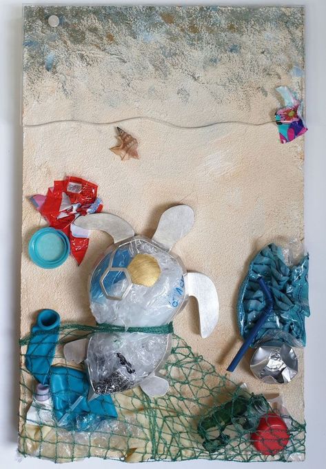 Ocean School Project Ideas, Sustainable Art Projects, Sustainability Artwork, Environmental Pollution Art, Ocean Pollution Art, Trash Art Recycled, Recycling Workshop, Sustainability Art, Environmental Art Projects