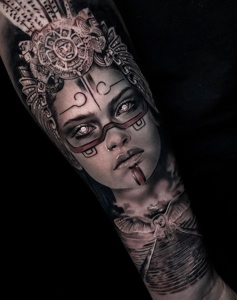 Aztec warrior girl by Jay Sampaguita, an artist at Raise Tattoo in Paris, France. Aztec Warrior Tattoo, Aztec Tattoos Sleeve, Warrior Tattoo Sleeve, Female Warrior Tattoo, Art Chicano, Mayan Tattoos, Aztec Tattoos, Aztec Tattoo Designs, Polynesian Tattoos