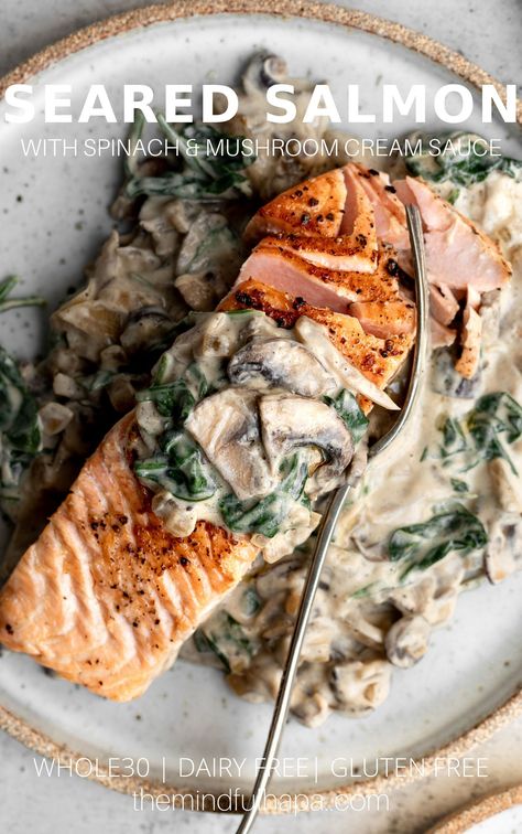 Whole30 Salmon, Salmon With Cream Sauce, Salmon With Spinach, Mushroom Cream Sauce, Soft Ginger Cookies, Mushrooms And Spinach, Salmon Recipes Pan Seared, Salmon Filets, Ginger Cookie Recipes