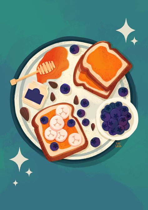 Breakfast Illustration Cute, Breakfast Food Illustration, Breakfast Graphic Design, Breakfast Artwork, Breakfast Flatlay, Cute Food Illustration, Breakfast Drawing, Breakfast Cartoon, Breakfast Illustration