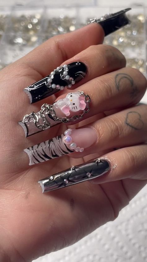 Rockstar Nails Acrylic, Rockstar Gf Nails, Nails Acrylic Pink, Rockstar Nails, Acrylic Pink, Rockstar Gf, Hello Kitty Nails, Nails On Fleek, Nail Tech