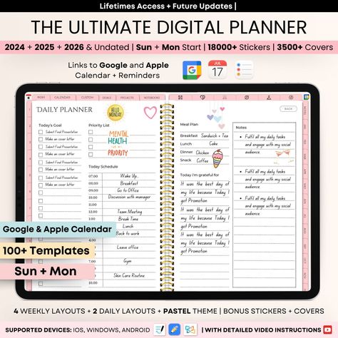 Elevate Your Planning Game with our Comprehensive Digital Planner Bundle! Looking for the ultimate digital planner that combines style, versatility, and functionality? Look no further! Our expertly crafted Digital Planner Bundle is your all-in-one solution for organized and efficient planning in 2023, 2024 and beyond. ⭐️ KEY FEATURES 🗓️ Google, Apple Calendar & Reminders Integration 📚 Expert Guide Included: Unlock the full potential of your planner with our professionally written guide on optimizing your planning process. 📅 Yearly and Undated Planners: Plan seamlessly with 2023 and 2024 dated planners, as well as undated options for timeless use. ♻️ Reusable Planning: Say goodbye to yearly planner purchases - our undated planners are designed for infinite usability. 📊 Customizable Layo Free Digital Journal Goodnotes, Best Digital Planner, Apple Calendar, Free Digital Planner, Digital Planner For Ipad, 2025 Planner, Quarterly Planner, Goodnotes Template, Calendar Reminder