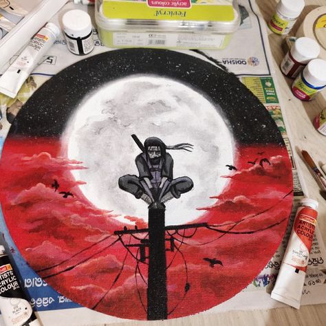 Naruto. Itachi Uchiha, Uchiha clan massacre night. Itachi on electric pole. Itachi Acrylic Painting, Itachi Canvas Painting, Naruto Acrylic Painting, Itachi Painting, Painting On Round Canvas, Night Acrylic Painting, Diy Merch, Naruto Itachi, Naruto Eyes