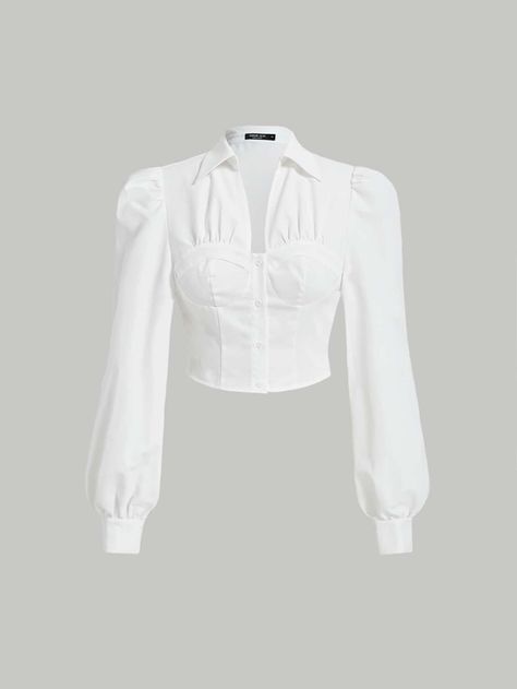 Simple Top Designs, White Fancy Top, Shein Tops Shirts, Shirt Design For Women, Trendy Shirts For Women, Fancy Shirt, Burmese Clothing, White Collared Shirt, Plain Shirt