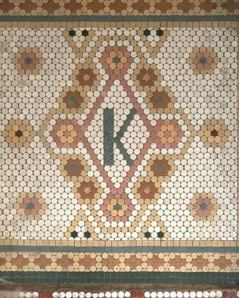 Historic Körner's Folly on Instagram: "Penny for your thoughts? Penny Tiles (also called Penny Rounds) have been around since the late 1800s, but have origins as far back as mosaic floors found beneath the ashes of Pompeii. Thanks to the industrial revolution and the 1876 World's Fair, the penny tile gained popularity in America during the Victorian Era. Pre-mounted sheets of 1" ceramic mosaic tiles (in a range of geometric shapes like honeycomb, pennyround, and square) made intricate designs l Penny Tile Patterns, Penny Tile Design, Pantry Entrance, Tile Logo, Penny Tiles, Penny Mosaic, Mosaic Floors, Victorian Tile, Entry Tile