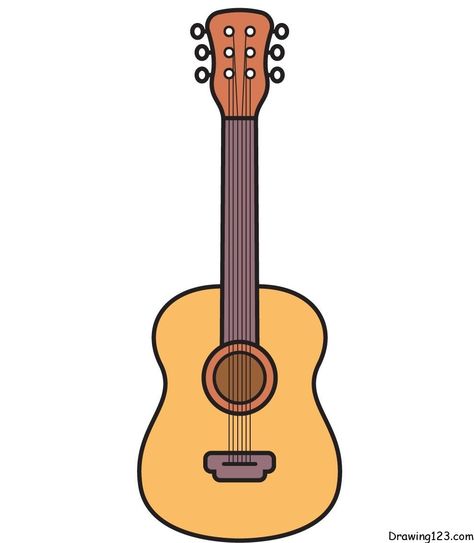 Music Drawing Tutorials - How to draw Music step by step Guitar Cute Drawing, Instruments Drawing, Cute Guitar Drawing, Mini Guitar Drawing, Instrument Drawing, How To Draw Guitar, Drawing Guitar, Guitar Draw, Guitar Drawing Easy