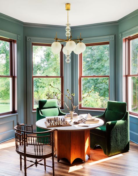 Discover This Transformed Hudson Valley Victorian | Architectural Digest Game Table And Chairs, Blue Painted Walls, Kitchen Suite, Game Table, Style Deco, Family Living, Residential Interior, Formal Dining Room, Table Games