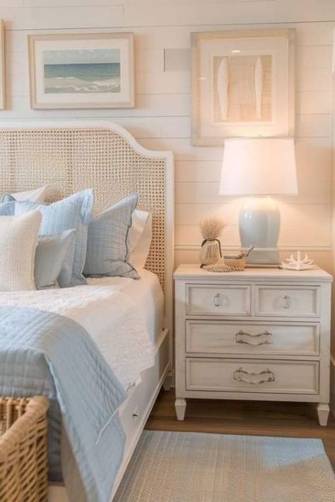 Room Decor Bedroom Blue And White, White Bedroom With Light Blue Accents, Bedroom Inspo Coastal, Classy Beach House Decor, Costal Grandma Bedroom Aesthetic, Costal Bedroom Design, Beach Aesthetic Bedroom Ideas, Serena Lily Bedroom, Blue Beachy Bedroom