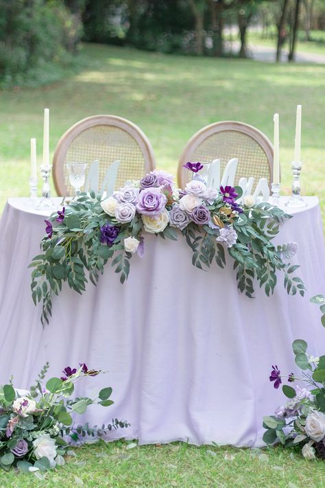 Flower Swag & Tablecloth Set for Sweetheart/Head Table - Lilac & Gold Wedding Sweetheart Table Decor, Head Table Wedding Decorations, Lavender Wedding Theme, Sweetheart Table Decor, Head Table Decor, Head Table Wedding, Sweetheart Table Wedding, Purple Wedding Theme, Sage Wedding