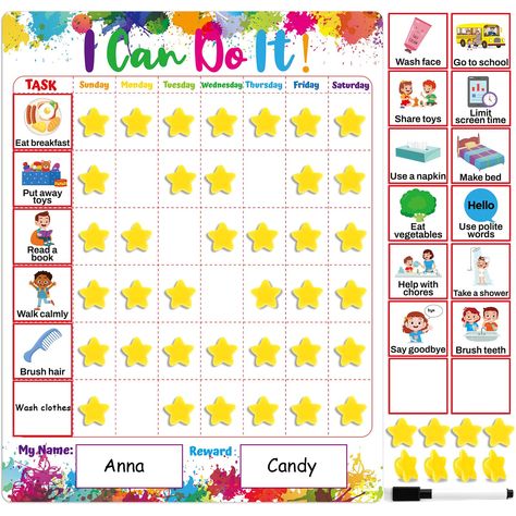 PRICES MAY VARY. Package includes: Our magnetic behavior chart set includes 1pc of colorful behavior chart, 20pcs of chore magnetic stickers, 4pcs of customizable blank chore magnets, 45pcs of 3D star stickers, and 1pc of erasable pen. The reward chart for kids serves as a powerful tool to promote and reinforce positive behaviors in children. By offering a visual representation of their accomplishments, behavior chart encourages them to make good choices and strive for personal growth. Eye-catch Discipline Chart Classroom, Rewards For Kids At School, Star Charts For Kids Reward System, Sticker Chart For Kids Positive Behavior, Reward Board For Kids, Positive Reinforcement Chart, Behavior Charts For The Home, Sticker Chart For Kids, Consequence Chart