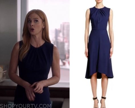 Suits: Season 9 Episode 9 Donna’s Blue Wrap Neck Dress Suits Fashion Tv Show, Outfits From Suits Tv Show, Suits Donna Outfits, Suits Show Outfits, Donna Suits Outfits, Suits Tv Show Fashion, Donna From Suits, Donna Paulsen Outfits, Suits Wardrobe