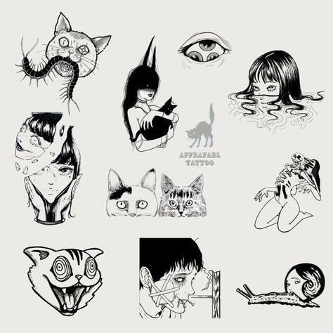 Junji Ito Cat Tattoo, Paranoid Tattoo Ideas, Junji Ito Flash Tattoo, Simple Junji Ito Tattoo, Junji Ito Tattoo Design, Junji Tattoo, Small Tattoos Dark, Hells Paradise Tattoo, Junji Ito Tattoo Ideas