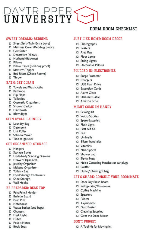 College Dorm Checklist — Daytripper University University Shopping List, Checklist University, University Hacks, University Supplies, University Checklist, College Dorm List, University Bedroom, University Ideas, University Room