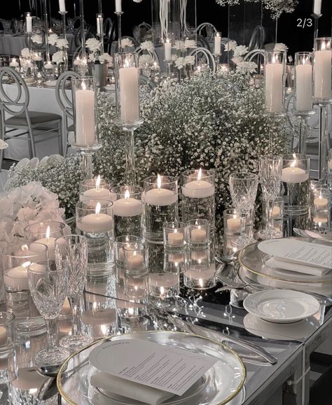 Wedding Table Decorations Indoor, White And Crystal Wedding Decor, Quiet Luxury Wedding Theme, All White Wedding Aesthetic, White And Pearl Wedding Decor, Pearl Event Decor, Silver Wedding Aesthetic, Wedding Pearls Decor, Pearl Wedding Theme Decor