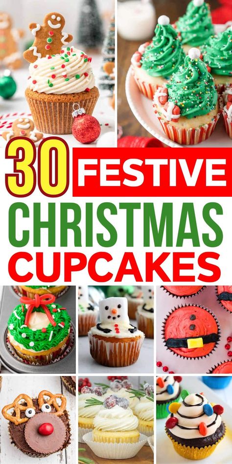 These festive Christmas cupcakes make the best holiday desserts! This list of Christmas cupcake recipes includes holiday flavors like gingerbread, eggnog, cinnamon, and peppermint. Plus, there's cute Christmas cupcake decorating  ideas, like Christmas light cupcakes, Santa, reindeers, holiday wreaths, and more! Many easy Christmas cupcake ideas both kids and adults will love! Christmas Muffin Ideas, Reindeer Cupcakes Christmas, Easy Christmas Cupcake Ideas, Holiday Cupcakes Christmas, Christmas Cupcake Flavors, Christmas Cupcake Recipes, Christmas Dessert Platter, Christmas Cupcake Ideas, Easy Christmas Cupcakes