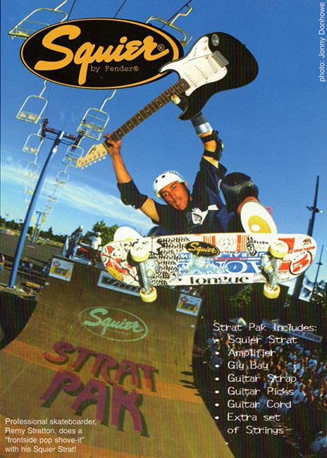 Professional skaterboarder Remy Stratton does a "frontside pop shove-it" with his Squier (1997) Vintage Skate Ads, Skateboard Collage, Skater Magazine, Skater Posters, 80s Skateboarding, Skate Ads, Skater Poster, Skate Magazine, Skateboard Poster