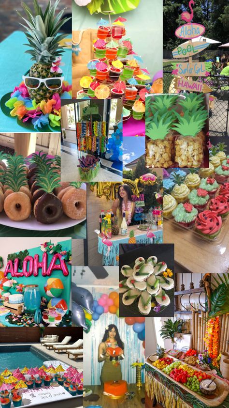 Birthday Themes Hawaiian, Tropical Pool Party Ideas, Hawaii Birthday Theme, Hawaii Themed Party Outfit, Beach Party Ideas Decorations, Luau Pool Party Ideas, Island Birthday Party Ideas, Hawaii Party Ideas, Sweet 16 Pool Party Ideas