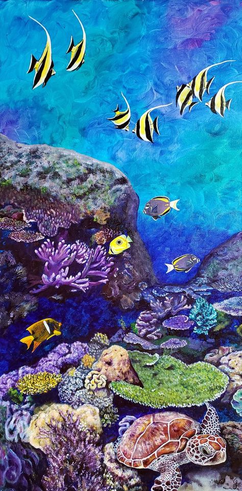 Waves Acrylic Painting, Unicorn Fish, Ocean Art Painting, State Artwork, Sea Turtle Art, Sea Life Art, Animals And Birds, Fish Wallpaper, Turtle Painting