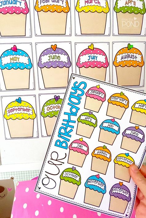 Celebrate the birthdays in your classroom with our gorgeous birthday cupcakes! Find ideas and more on the blog post! Birthday Chair Cover Classroom, Birthday Poster Classroom, Birthday Bulletin Boards Preschool Free Printable, Preschool Birthday Board Free Printable, Free Printable Birthday Chart Classroom, Preschool Wall Ideas, Birthday Ideas Classroom, Birthday Wall Ideas For Classroom Free Printables, Birthday Poster For Classroom