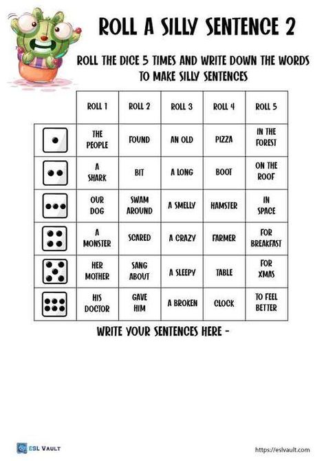 Grammar corner Roll a Silly Sentence Creating Sentences Activities, Organisation, English Writing Activities, Roll A Silly Sentence Free Printable, Dice Worksheets Free Printable, Roll A Sentence Free Printable, Games To Learn English Fun Activities, Printable Games For Teens, Silly Sentences Printables Free