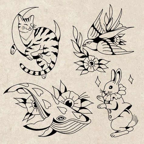 Flash Animal Tattoo, Cat Tattoo Flash Sheet, Tattoo Flash Feminina, Trad Cat Tattoo, Animal Flash Tattoo, Flash Art Tattoo Simple, Cat Inspired Tattoos, Flash Tattoos For Women, Traditional Rabbit Tattoo