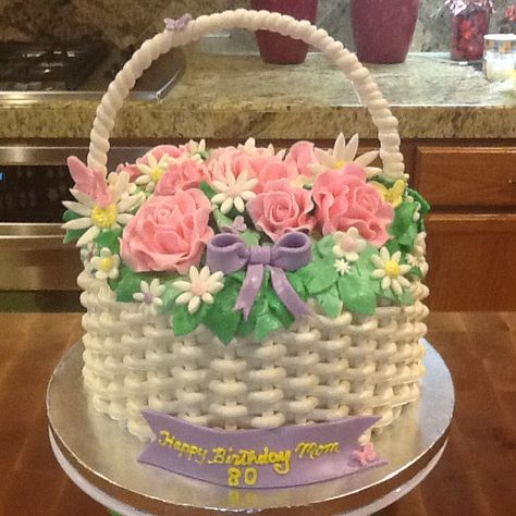 Basket Weave Cake With Flowers, Basket Of Flowers Cake, Basket Cakes, Easter Themed Cakes, Basket Weave Cake, Flower Basket Cake, Cake Basket, Basket Cake, Decorações Com Comidas