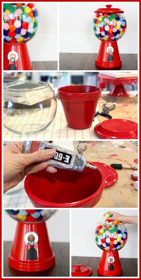 Candy Jars Diy, Gumball Machine Craft, Diy Gumball Machine, Bubble Gum Machine, Clay Pot Projects, Deco Champetre, Terra Cotta Pot Crafts, Pot Crafts, Flower Pot Crafts