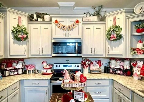 Valentines Day Kitchen, Valentine Cabinet Decor, Valentines Day Kitchen Decor, Valentine Kitchen Decor Ideas, Valentines Kitchen Decor, February Decor, Romantic Room Decoration, Valentines Brunch, Vintage Valentines Decorations