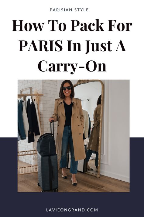 Lady wearing trench coat, ballet flats, denim, and sweater with a blue suite case and blue bag. Paris Carry On Packing, Weekend In Europe Packing, Carry On Capsule Wardrobe Europe, Paris September Outfits Street Styles, Versailles Outfit Ideas Fall, Comfortable Outfits For Paris, Packing Tips Carry On, Travel Street Style, Dresses To Wear In Paris In Fall