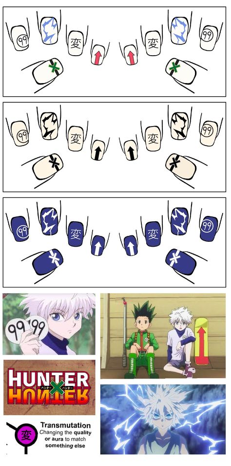 Hunter X Hunter Nail Designs, Hunter X Hunter Nails Acrylic, Hxh Inspired Nails, Anime Nails Art Ideas, Killua Nails Acrylic, Killua Nails Design, Hxh Nail Art, Hunter Hunter Nails, Hxh Nails Design