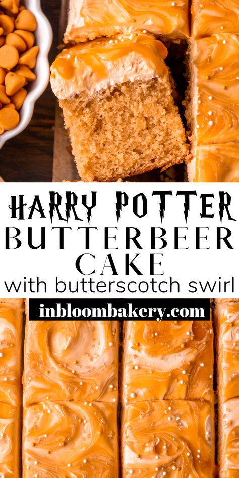 This Harry Potter butterbeer cake will transport you right into the wizarding world of Harry Potter! It's a soft and fluffy cake flavored with a butterbeer reduction, butterscotch, vanilla and butter flavor, frosted with butterscotch buttercream and drizzled with butterscotch sauce. Pie, Famous Cakes From Movies, Harry Potter Gingerbread House Ideas, Hufflepuff Food Ideas, Harry Potter Butterbeer Cupcakes, Butter Beer Cake Recipe, Harry Potter Desserts Easy, Harry Potter Inspired Desserts, Hogwarts Food Ideas