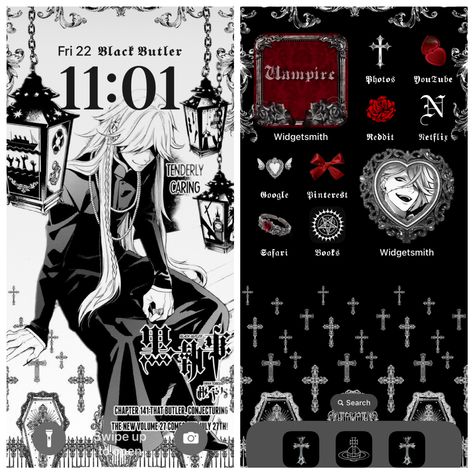 The Undertaker Black Butler Aesthetic Wallpaper, Pretty Homescreen Layout, Undertaker Black Butler Wallpaper, Theme Iphone Aesthetic, Phone Themes Aesthetic Ideas, Undertaker Aesthetic, Layouts Iphone, Dark Phone Theme, Black Butler Aesthetic