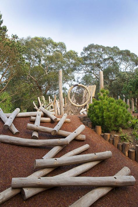 Natural Wood Playground, Nature Obstacle Course, Hill Playground, Small Playground Design, Natural Playground Design, Log Playground, Unique Playground Design, Sustainable Playground, Unique Playground Ideas