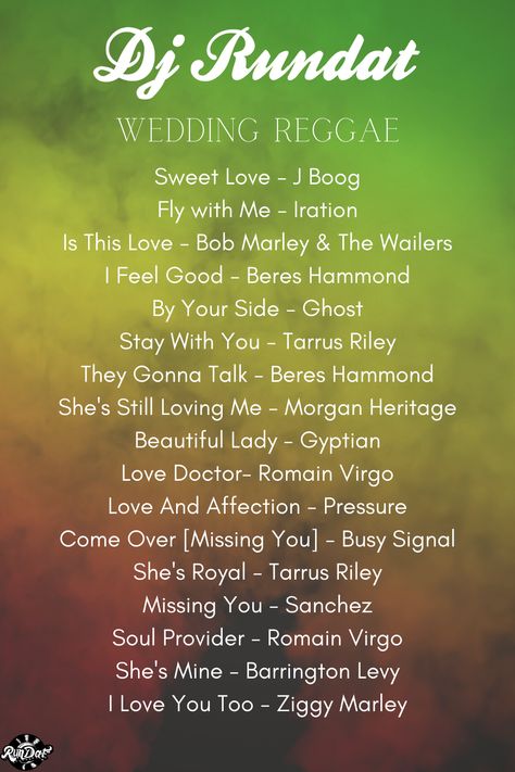 Where are my reggae lovers out there?! I've curated a fun reggae wedding themed playlist! 💚💛❤️ ⁠ You can check out my new playlist by copying and pasting the link below! ⁠ https://open.spotify.com/playlist/2pa6RopJ0AZ8wh3pVcAWRD?si=56babb2e10954cb1 #djrundat ⁠ #femaledj ⁠ #weddingplaylist⁠ #weddingszn⁠ #reggaedj⁠ #reggaevibes⁠ #reggaevibes⁠ #reggaelove⁠ #reggaeweddingplaylist⁠ #reggaewedding⁠ #reggaeparty Reggae Wedding, Reggae Playlist, Bio Captions, Dj Playlist, Morgan Heritage, Beres Hammond, Bob Marley Songs, New Playlist, Busy Signal