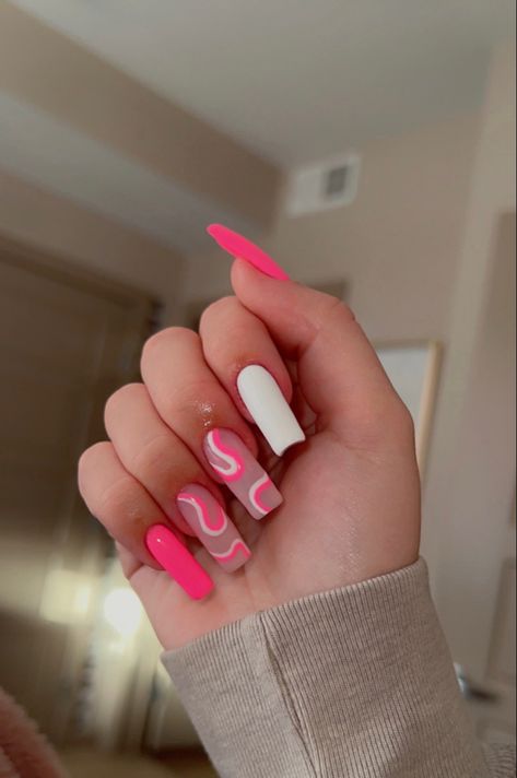 Pink And White Line Nails, White And Bright Pink Nails, Pink Nails Line Design, Red And White Squiggle Nails, Hot Pink Nails With Swirls, White And Neon Pink Nails, Pink And White Abstract Nails, Pink Line Nail Designs, Swirly Pink Nails