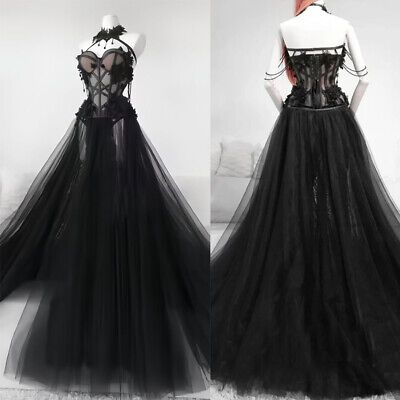 Gothic Black Long Wedding Dress Sexy Halter Neck Sexy Lace Appliques Bridal Gown  | eBay Morticia Style Wedding Dress, Gothic Dress Elegant Long, Black Gothic Dresses, Goth Bride Dress, Viking Style Wedding Dress, Emo Wedding Ideas, Victorian Gothic Wedding Decorations, Black Goth Wedding Dress, Vintage Gothic Wedding Dress