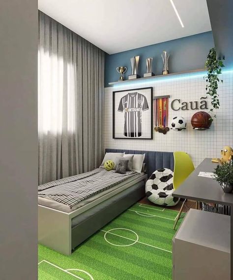 Soccer Kids Room, Kids Sports Bedroom, Vintage Sports Bedroom, Kids Bedroom Design Ideas, Soccer Bedroom, Soccer Room, Kids Bed Design, Boys Room Design, Sport Bedroom