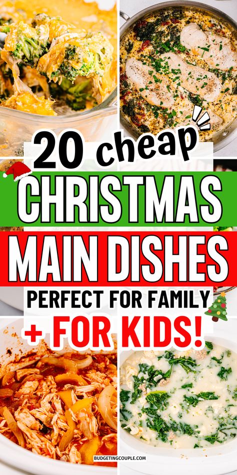 A Collage of Cheap Meals for Large Families That Are Budget Friendly Yet Festive and Christmas Dinner Buffet Recipes. Kid Friendly Christmas Meals, Christmas Meals Easy, Christmas Eve Menu Ideas Simple, Family Christmas Meal Ideas, Christmas Meal Ideas Dinner Main Dishes Easy Recipes, Kids Christmas Dinner Ideas, Family Christmas Dinner Ideas, Kid Friendly Christmas Dinner, Christmas Dinner Ideas For Kids