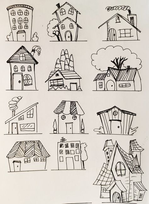 Drawing Of A Cottage, Whimsical House Drawing, House Doodles Simple, Old House Sketch, Tiny House Drawing, Old House Drawing, Building Doodle, Zantangle Art, House Doodle