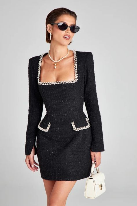 Natalie Black Dress – NADINE MERABI Classy Pearls Outfit, Chanel Style Dress, Chanel Inspo Outfit, Black Dress And Pearls Outfit Classy, Chanel Inspired Dress, Pearls With Black Dress, White And Black Dress Classy, Black Dress With White Pearls, Nadine Merabi Dresses